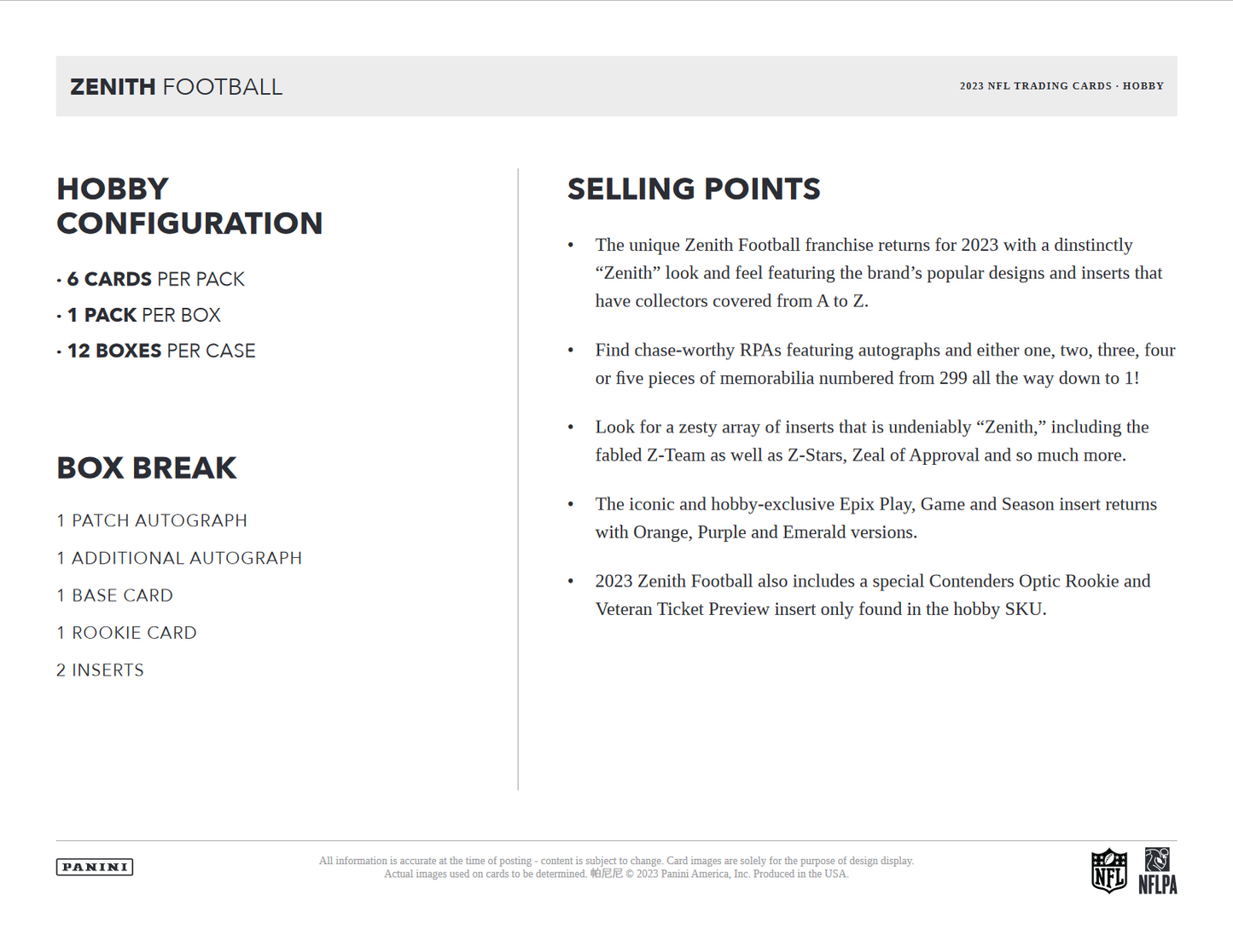 2023 Panini Zenith Football Hobby 12 Box Case