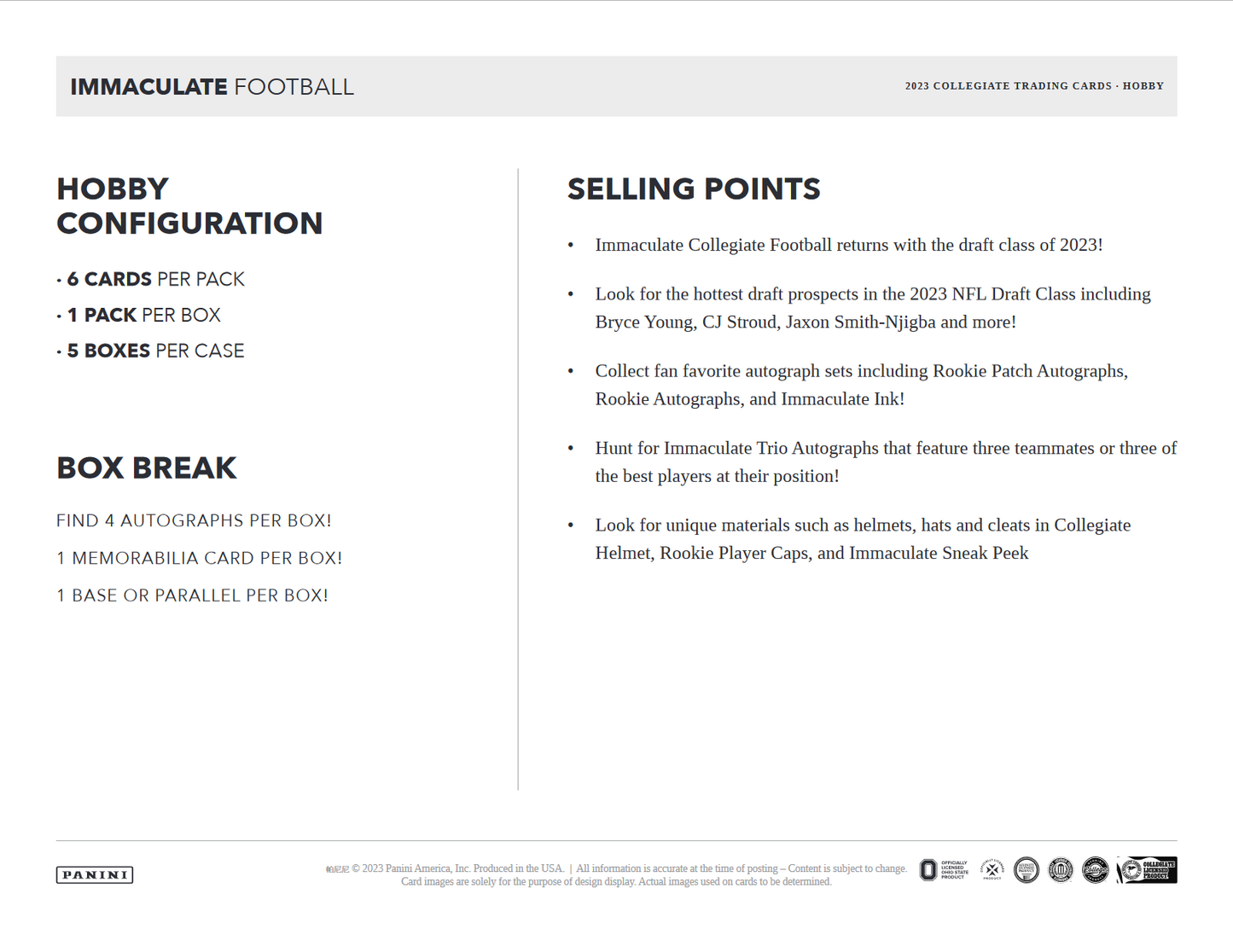 2023 Panini Immaculate Collegiate Football Hobby 5 Box Case
