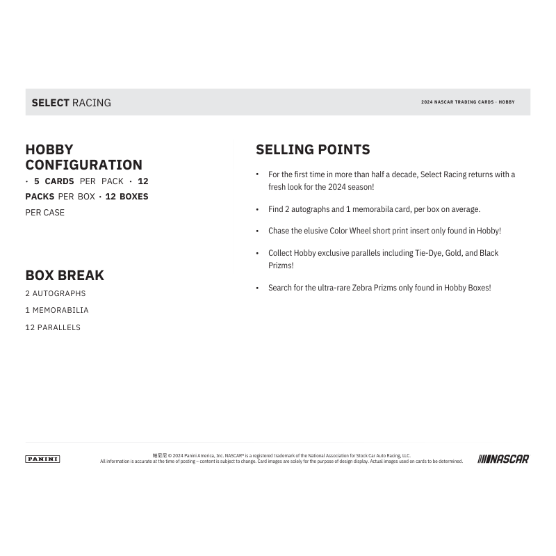 2024 Panini Select Racing Hobby 12 Box Case